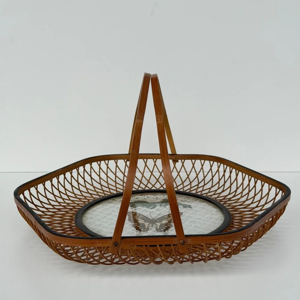 Vintage Basket Jetline Japan Rattan Bamboo‎ Lucite Butterfly Floral Boho Cottage